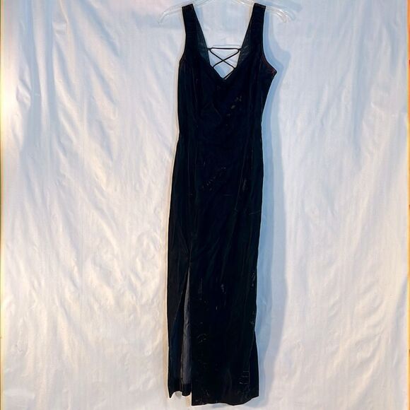 Jessica McClintock Gunne Sax Vintage Black Crushed Velvet  Maxi Dress 7 - Picture 1 of 6